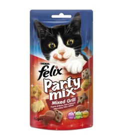 Alimento gatto "felix party mix mixed grill" con manzo, pollo e salmone.
