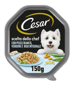 Alimento umido per cani cesar "scelta dello chef" con pesce bianco, riso e verdure 150 gr