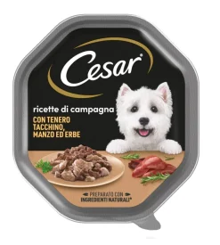 Alimento umido per cani cesar "ricette di campagna" con tenero tacchino, manzo ed erbe 150 gr