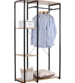 Appendiabiti in metallo nero con ripiani legno, 90x40,4x167 cm