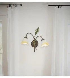 Applique 2 luci "quercia" in ferro e vetro, e14