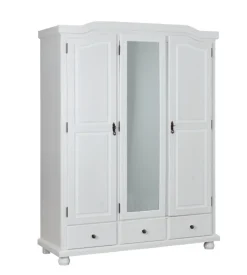 Armadio 3 ante + 3 cassetti in pino massello bianco, 150x56x200 cm