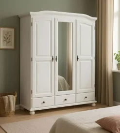 Armadio 3 ante + 3 cassetti in pino massello bianco, 150x56x200 cm