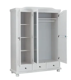 Armadio 3 ante + 3 cassetti in pino massello bianco, 150x56x200 cm