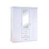 Armadio 3 ante, 3 cassetti e specchio bianco, 140x190x55 cm