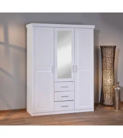 Armadio 3 ante, 3 cassetti e specchio bianco, 140x190x55 cm