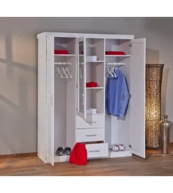 Armadio 3 ante, 3 cassetti e specchio bianco, 140x190x55 cm