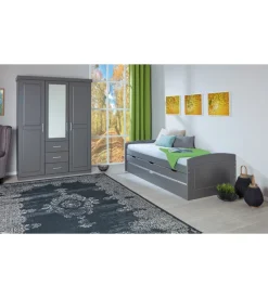 Armadio 3 ante e 3 cassetti in legno di pino massello grigio, 140x55x190 cm