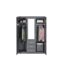 Armadio 3 ante e 3 cassetti in legno di pino massello grigio, 140x55x190 cm