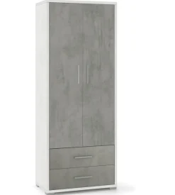 Armadio 2 ante e  2 cassetti ossido bianco e cemento,  71x41x182 cm