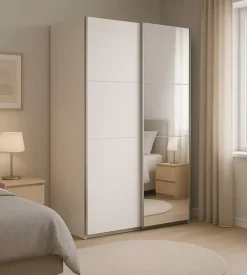 Armadio "ghost" bianco con ante scorrevoli e specchio, 178x59x203 cm