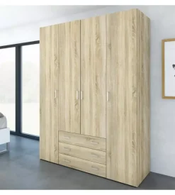 Armadio "space" con 4 ante 3 cassetti effetto quercia, 154x49,5x200,4h cm