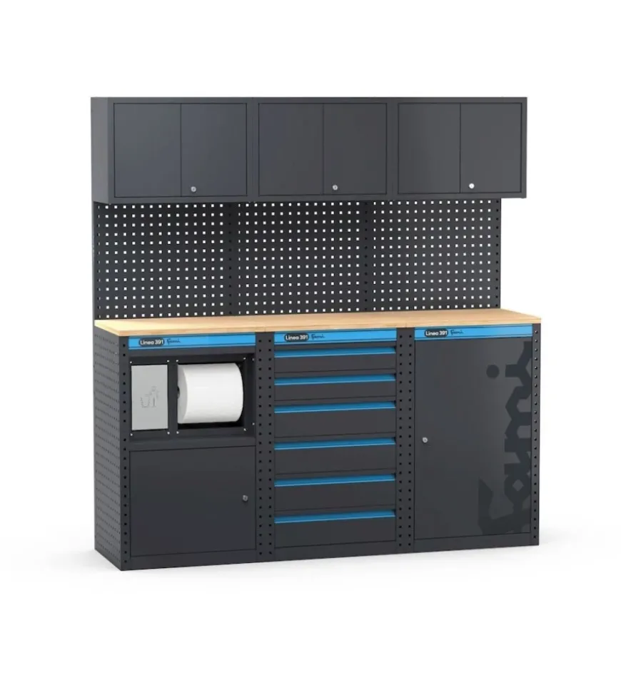 Arredamento modulare garage fami "linea 391" con modulo di servizio, cassettiera e armadio 1 anta in lamiera antracite 182,4x49,5x190 cm