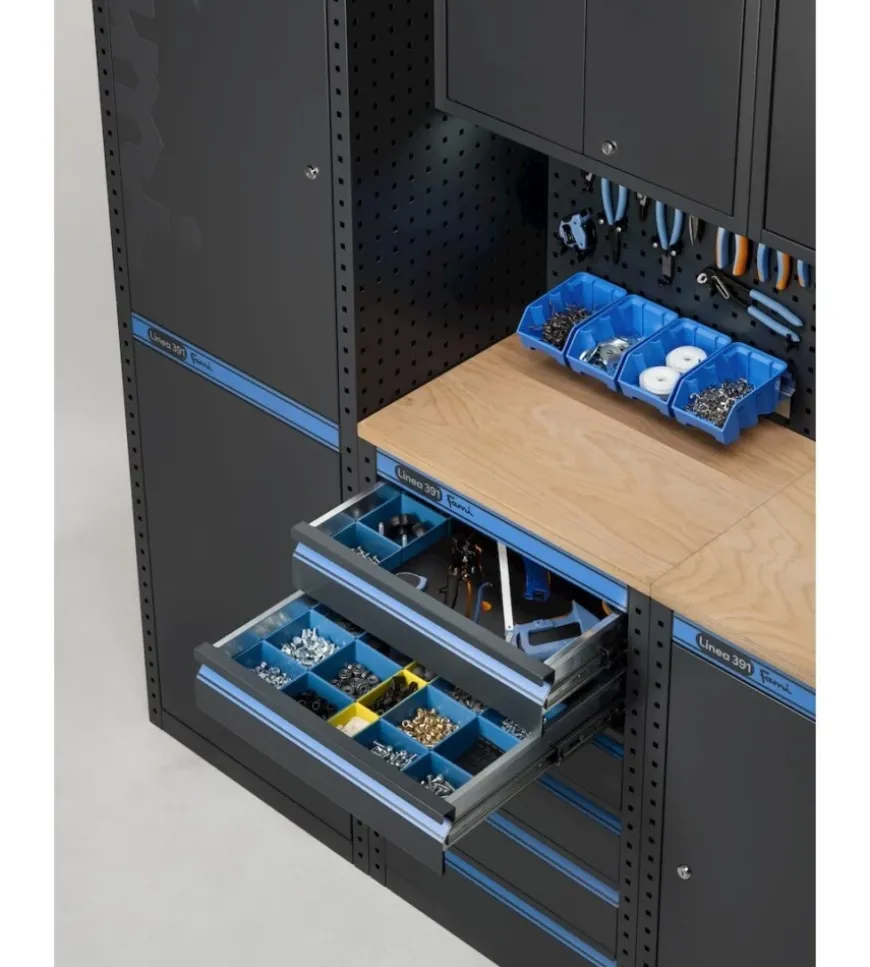 Arredamento modulare garage fami "linea 391" con modulo di servizio, cassettiera e armadio 1 anta in lamiera antracite 182,4x49,5x190 cm