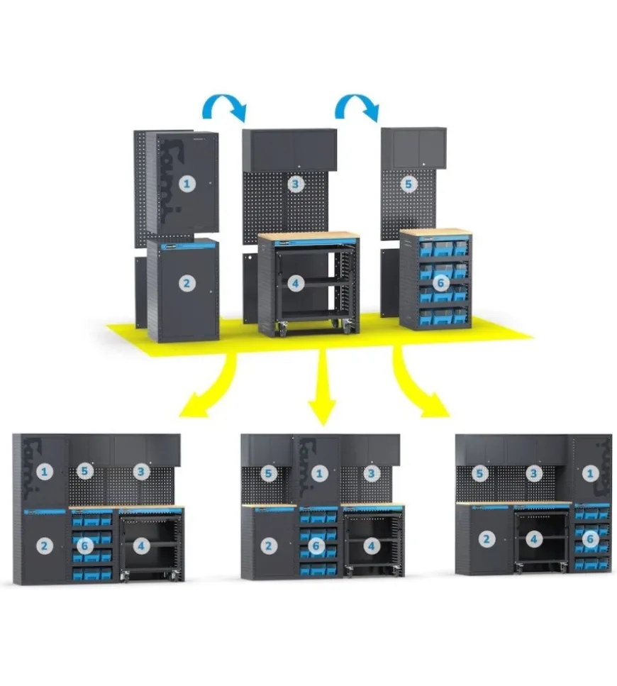 Arredamento modulare garage fami "linea 391" con modulo di servizio, cassettiera e armadio 1 anta in lamiera antracite 182,4x49,5x190 cm