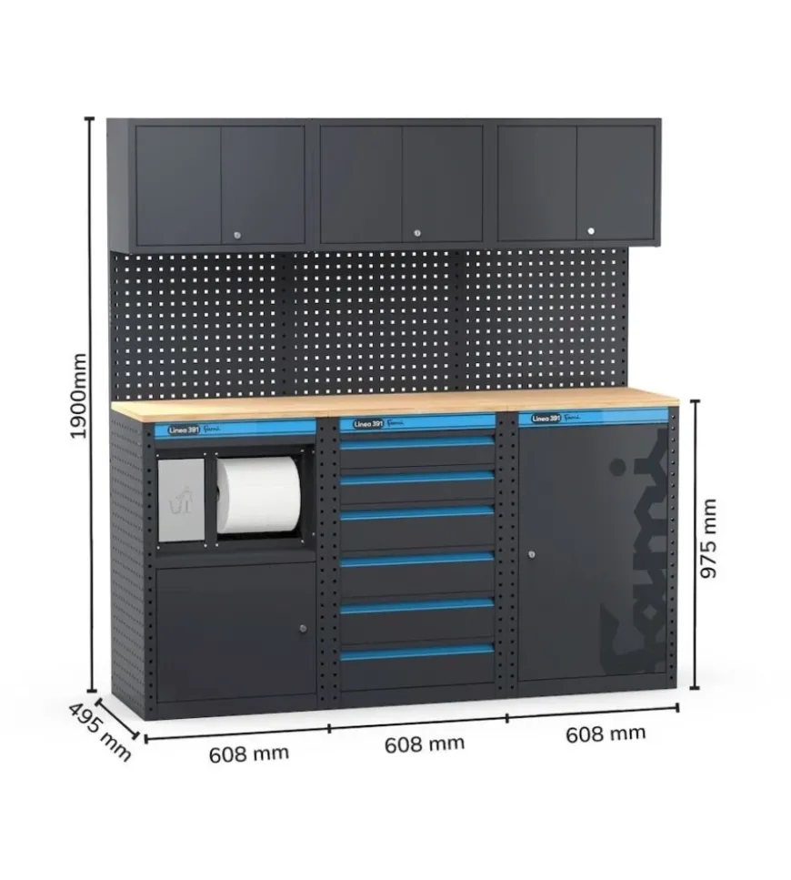 Arredamento modulare garage fami "linea 391" con modulo di servizio, cassettiera e armadio 1 anta in lamiera antracite 182,4x49,5x190 cm
