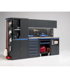 Arredamento modulare garage fami "linea 391" con armadi a due ante, cassettiera, carrello e modulo di servizio in lamiera antracite 304x49,5x190 cm