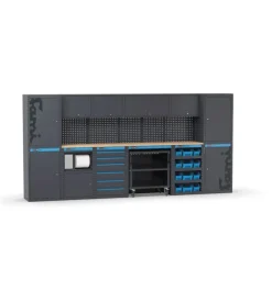 Arredamento modulare garage fami "linea 391" con armadi a un anta, modulo di servizio, cassettiera, carrello e contenitori in lamiera antracite 395,2x49,5x190 cm