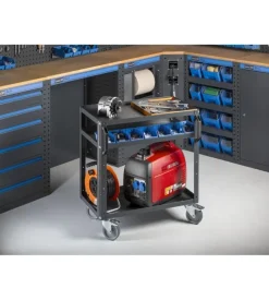 Arredamento modulare garage fami "linea 391" con armadi a un anta, modulo di servizio, cassettiera, carrello e contenitori in lamiera antracite 395,2x49,5x190 cm