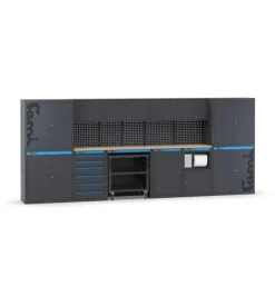 Arredamento modulare garage fami "linea 391" con armadi ad anta, cassettiera, carrello e modulo di servizio in lamiera antracite 456x49,5x190 cm