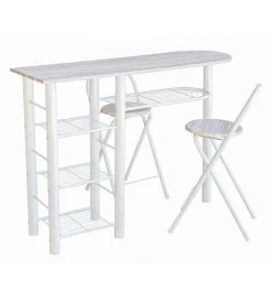 Banco cucina con due sgabelli in metallo bianco e legno, 120x40x88 cm