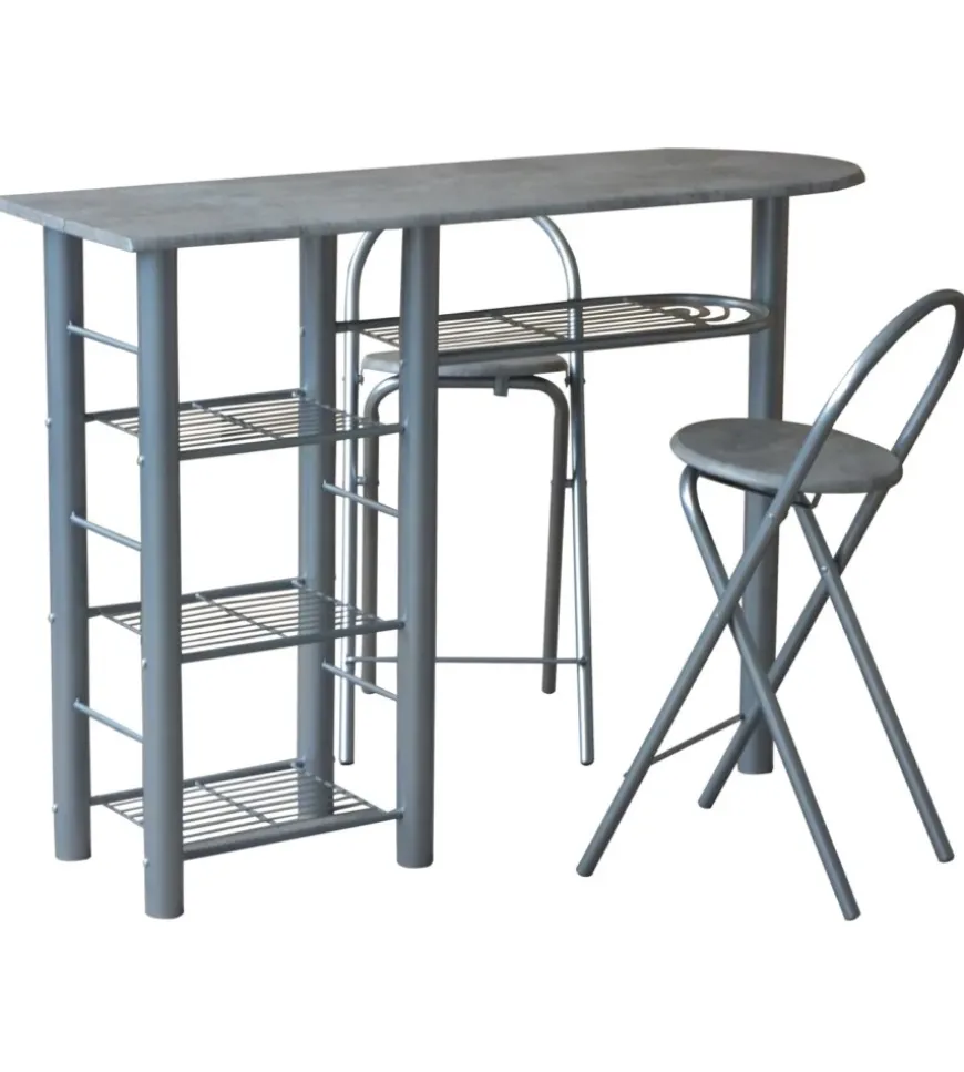 Banco cucina con due sgabelli in metallo grigio e legno, 120x40x88 cm