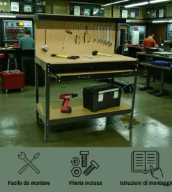 Banco da lavoro easy system con pannello preforato in metallo e mdf 119x59x90/150 cm