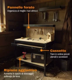 Banco da lavoro easy system con pannello preforato in metallo e mdf 119x59x90/150 cm