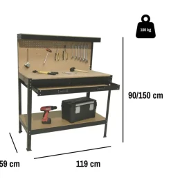 Banco da lavoro easy system con pannello preforato in metallo e mdf 119x59x90/150 cm