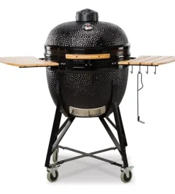 Barbecue a carbone kamado bono "grande 23" in ceramica nero con rotelle 76x66x90 cm