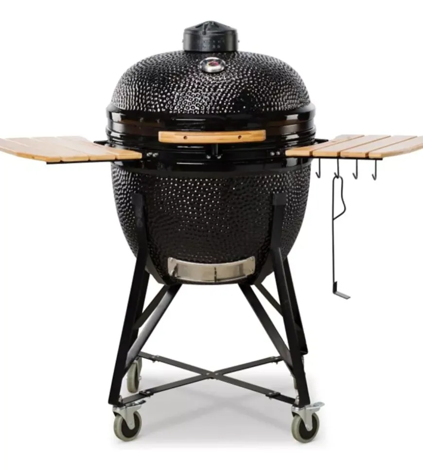 Barbecue a carbone kamado bono "grande 23" in ceramica nero con rotelle 76x66x90 cm