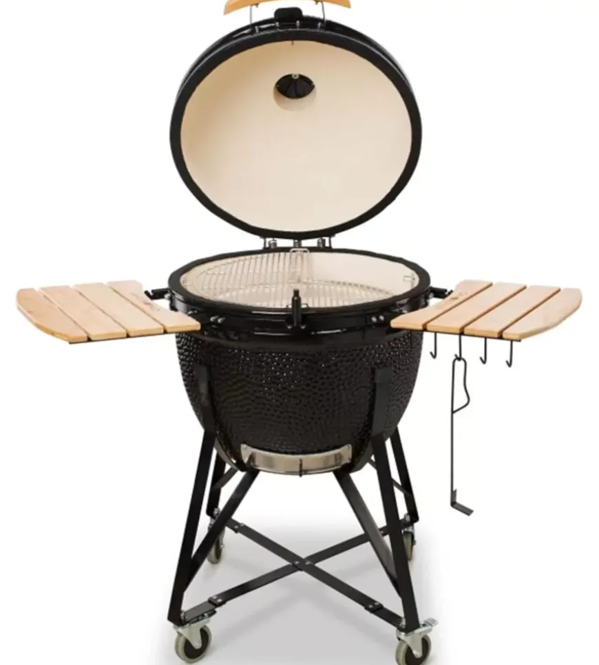Barbecue a carbone kamado bono "grande 23" in ceramica nero con rotelle 76x66x90 cm