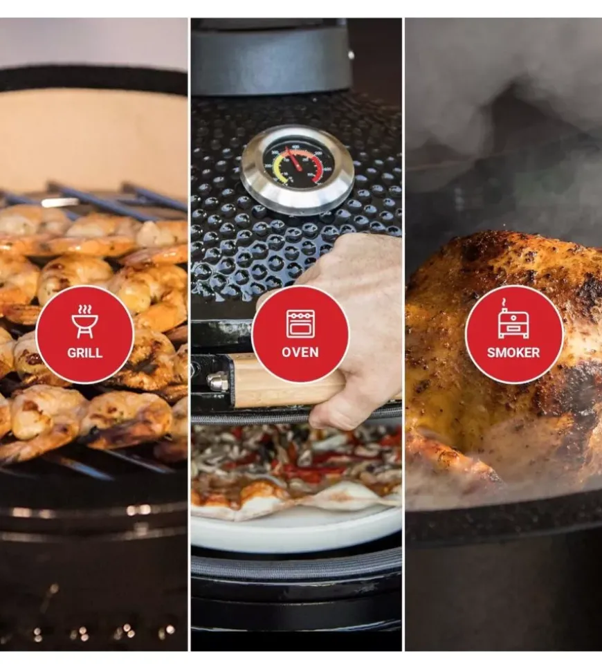 Barbecue a carbone kamado bono "grande 23" in ceramica nero con rotelle 76x66x90 cm