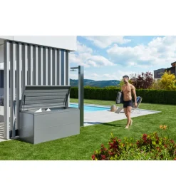 Baule da esterno impermeabile biohort "loungebox 160" in acciaio zincato grigio quarzo metallizzato 850 lt 160x70x83,5 cm - cod. 68065