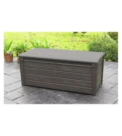 Baule da esterno keter "brightwood" in resina marrone effetto legno 454 lt 145x69,7x60,3 cm
