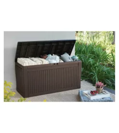 Baule da esterno keter "comfy" in resina grafite effetto legno 270 lt 116,7x44,7x57 cm