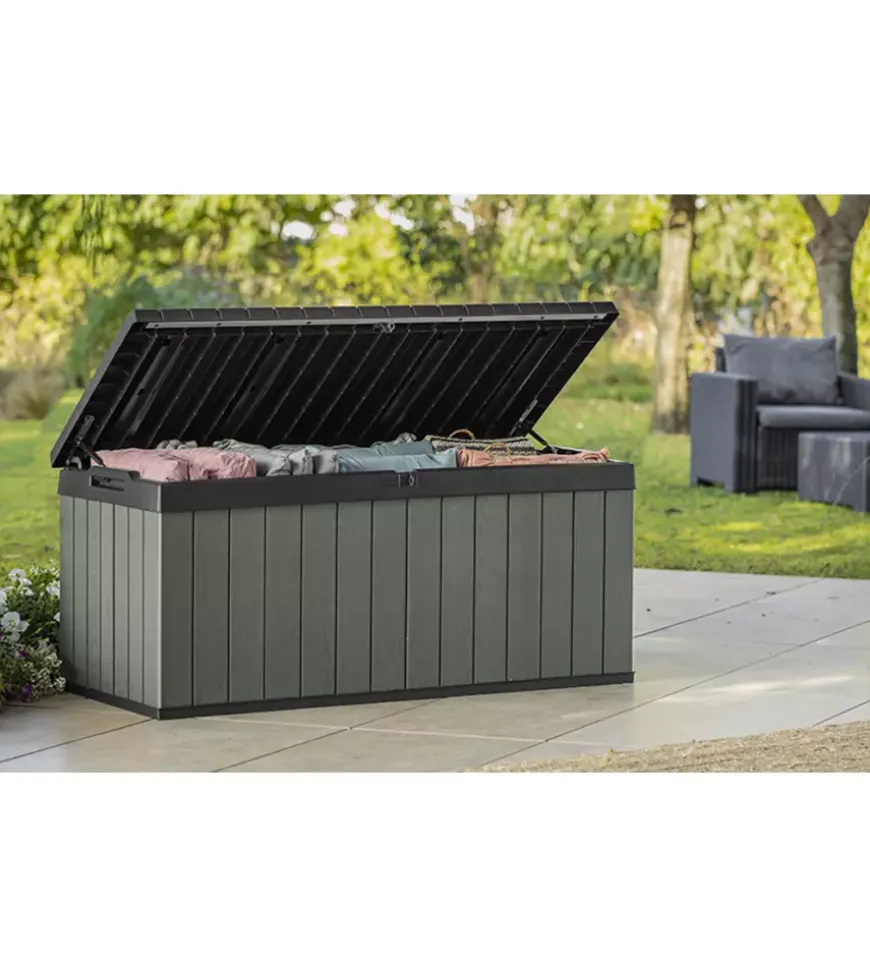 Baule da esterno keter "darwin 120g" in resina verde effetto legno 454 lt 142,5x65,3x64,3 cm