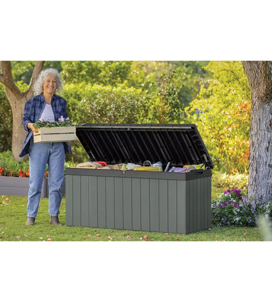 Baule da esterno keter "darwin 120g" in resina verde effetto legno 454 lt 142,5x65,3x64,3 cm