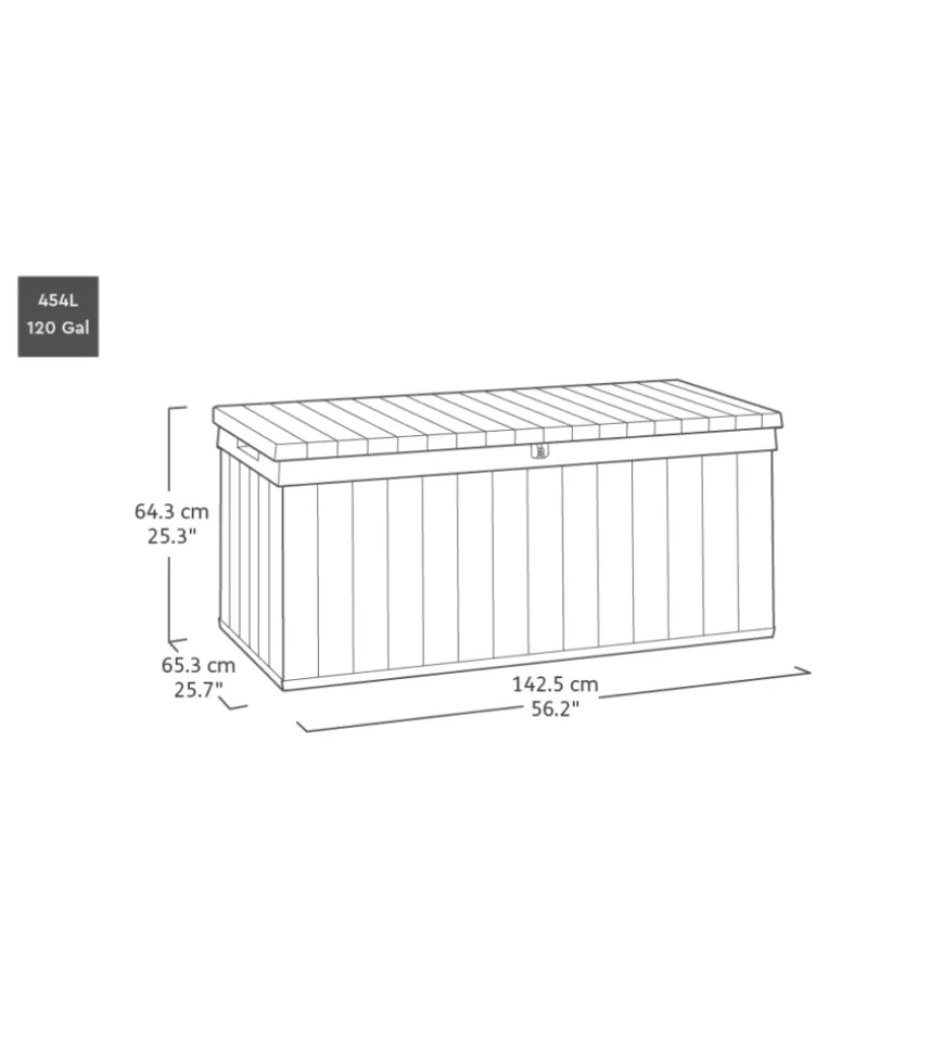 Baule da esterno keter "darwin 120g" in resina verde effetto legno 454 lt 142,5x65,3x64,3 cm