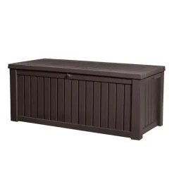 Baule da esterno keter "rockwood" in resina marrone effetto legno 570 lt 155x72,4x64,4 cm