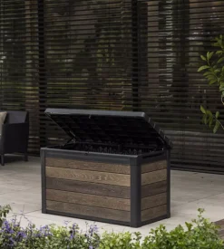 Baule da esterno keter "signature deco box 100" in resina effetto legno 380 lt 122,9x62,1x76,6 cm