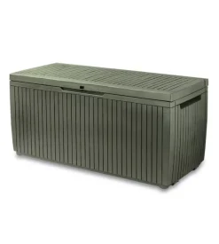 Baule da esterno keter "springwood" in resina verde effetto legno 305 lt 123x53,5x57 cm