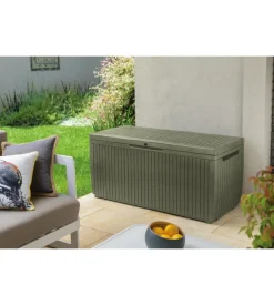 Baule da esterno keter "springwood" in resina verde effetto legno 305 lt 123x53,5x57 cm