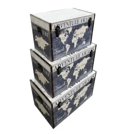 Baule in legno vintage bellahome rivestito in ecopelle fantasia adventure grande 69x40x44 cm