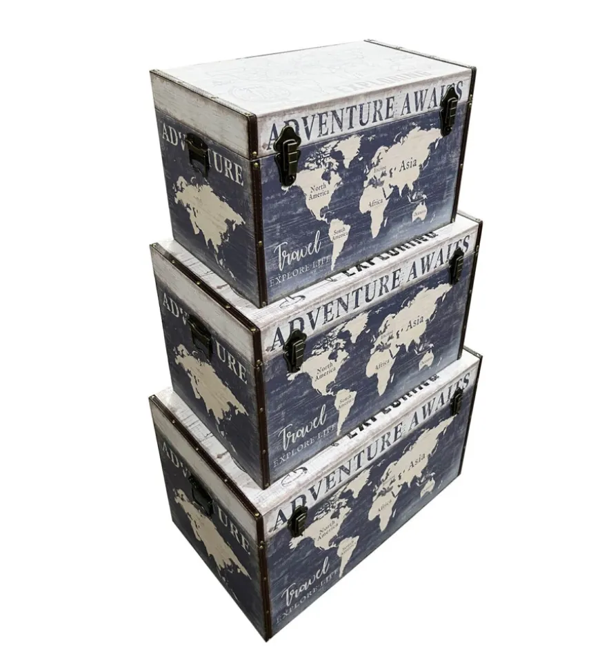 Baule in legno vintage bellahome rivestito in ecopelle fantasia adventure grande 69x40x44 cm