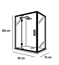 Box doccia angolare nero con vetro trasparente 70x90x185 cm