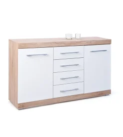 Buffet 2 ante e 4 cassetti rovere e bianco laccato, 155x40x87 cm