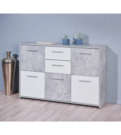 Buffet 5 ante e 2 cassetti marmo e bianco opaco, 115x30x77 cm