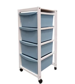 Carrello in legno bianco con cassetti blu, 37,5x36,5x82 cm