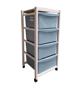 Carrello in legno bianco con cassetti blu, 37,5x36,5x82 cm